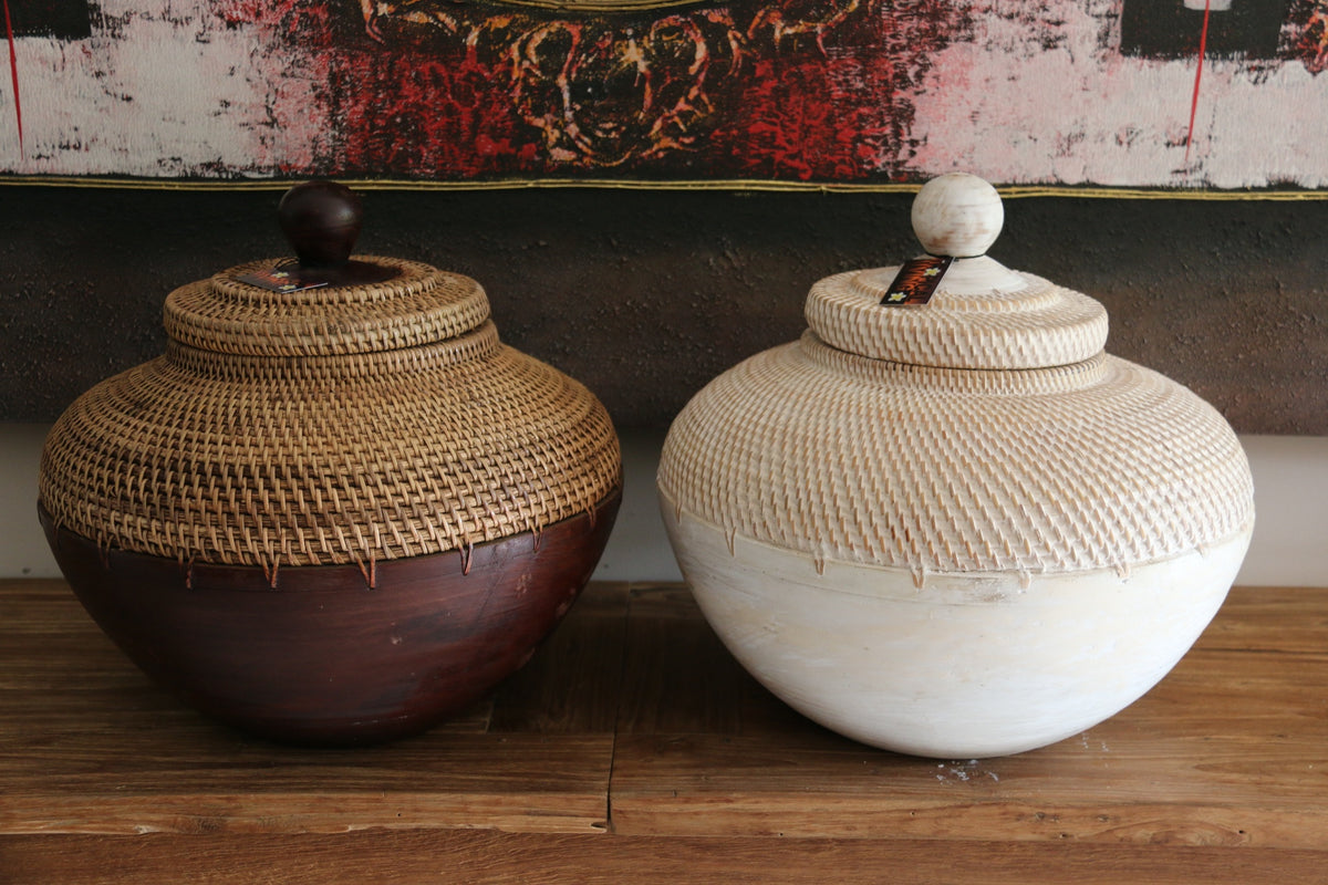 NEW Balinese Hand Crafted Wood/Rattan Pot with Lid - Bali Basket