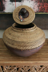 NEW Balinese Hand Crafted Wood/Rattan Pot with Lid - Bali Basket