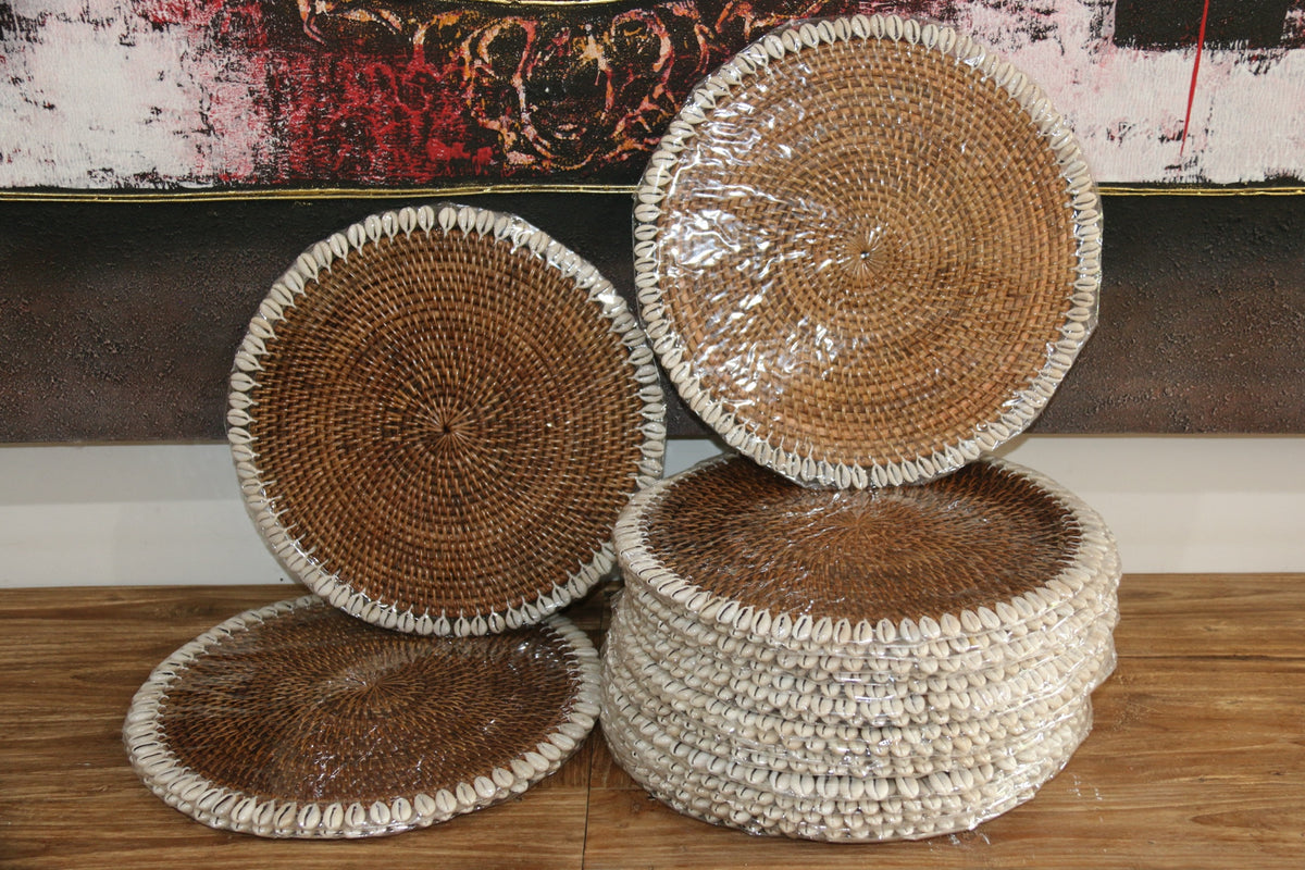 NEW Bali Woven Rattan Placemats w/Shell Trim - Balinese Placemat w/Shells 1 Pce