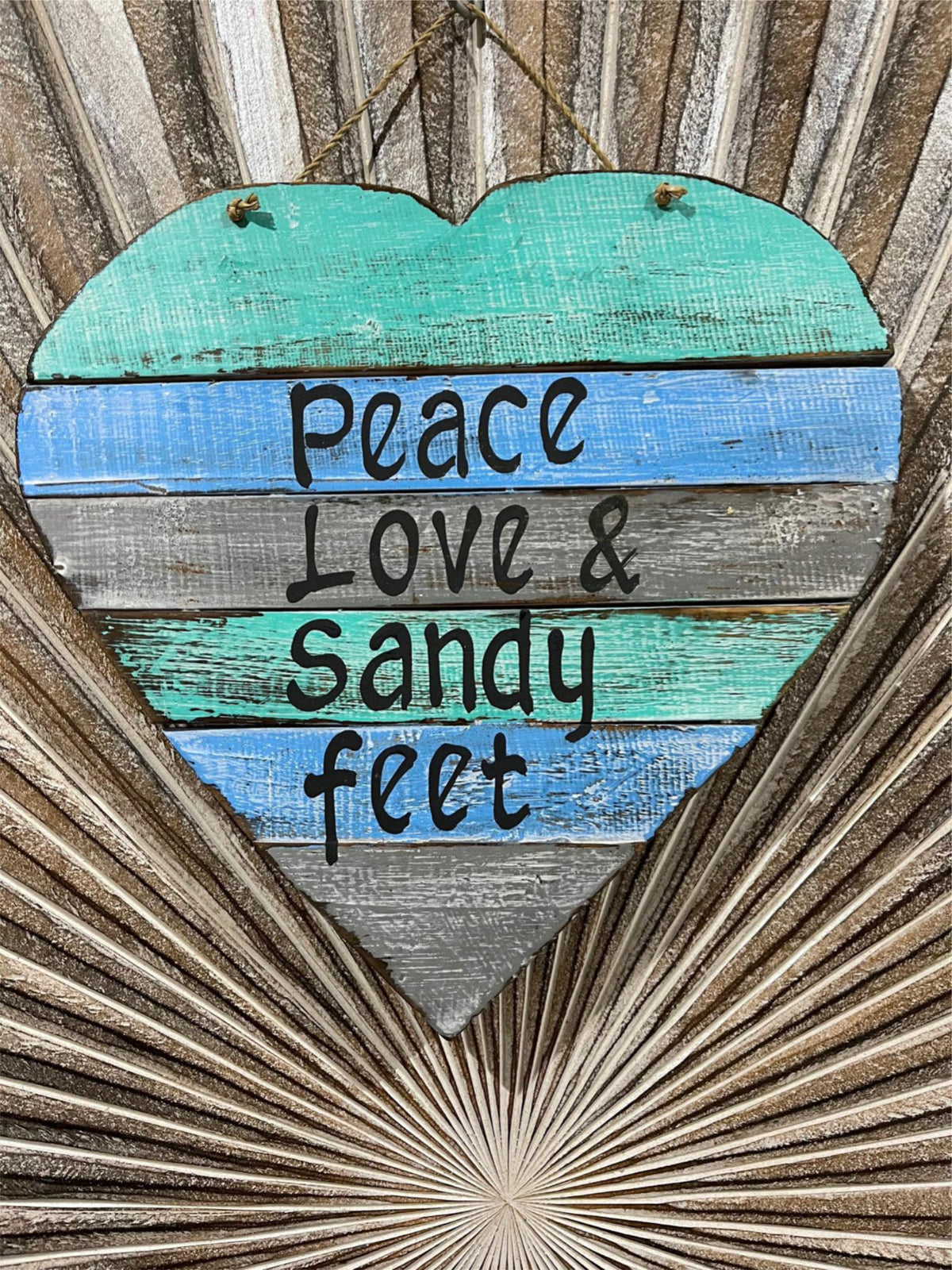 Hand Crafted PEACE, LOVE & SANDY FEET Heart Sign - Tropical Island Bali Sign