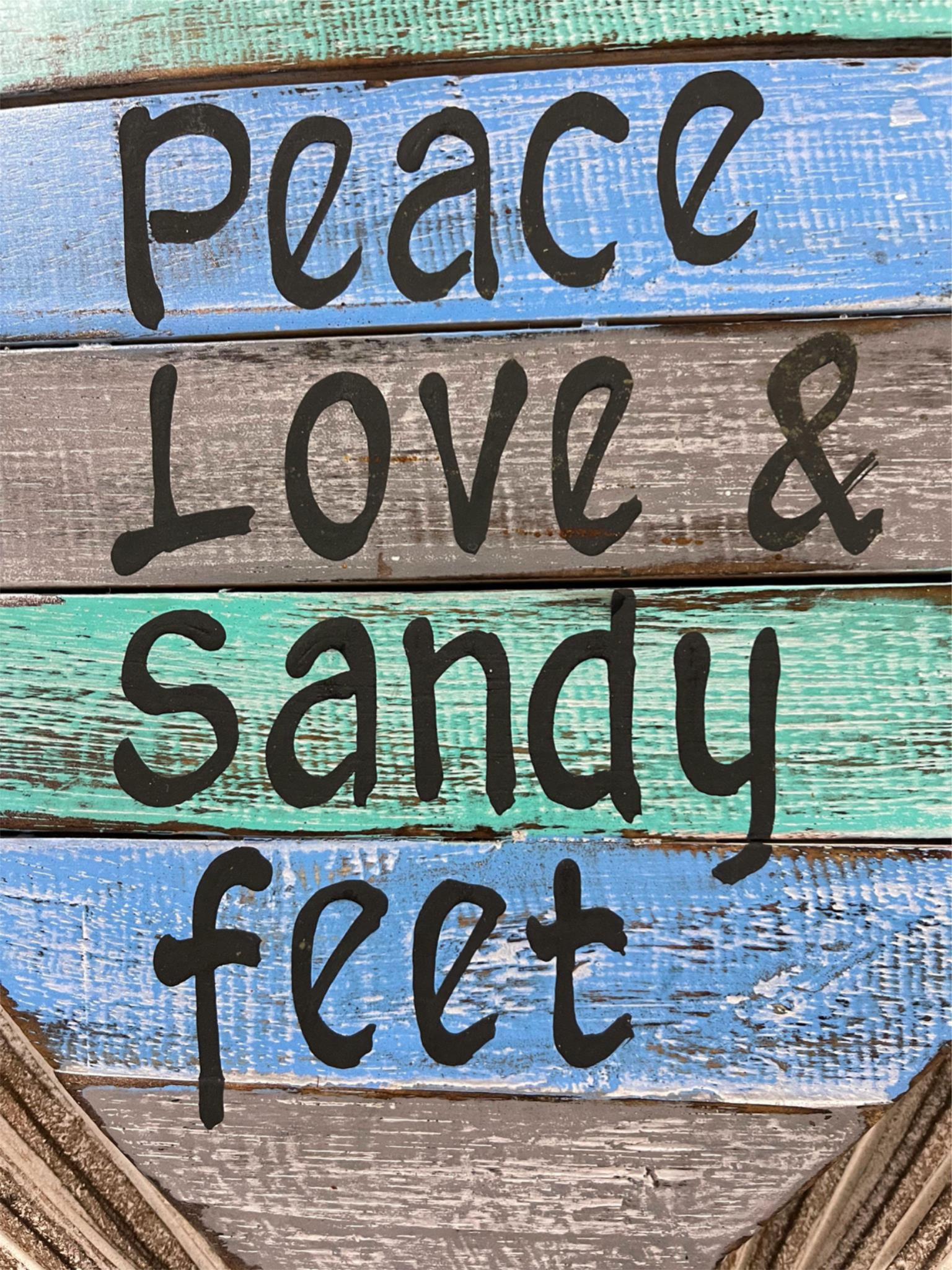 Hand Crafted PEACE, LOVE & SANDY FEET Heart Sign - Tropical Island Bali Sign