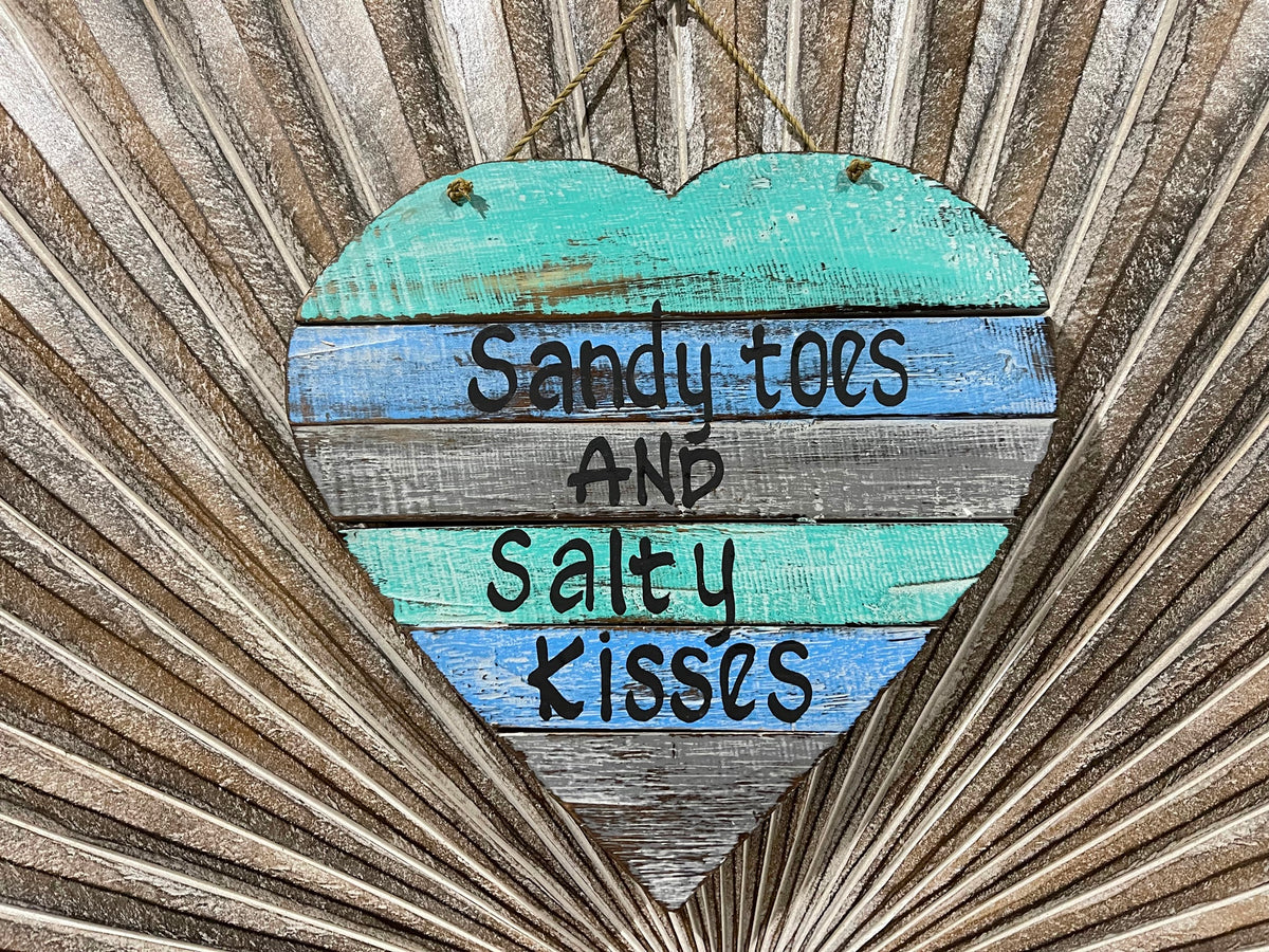 Hand Crafted SANDY TOES & SALTY KISSES Heart Sign - Tropical Island Bali Sign
