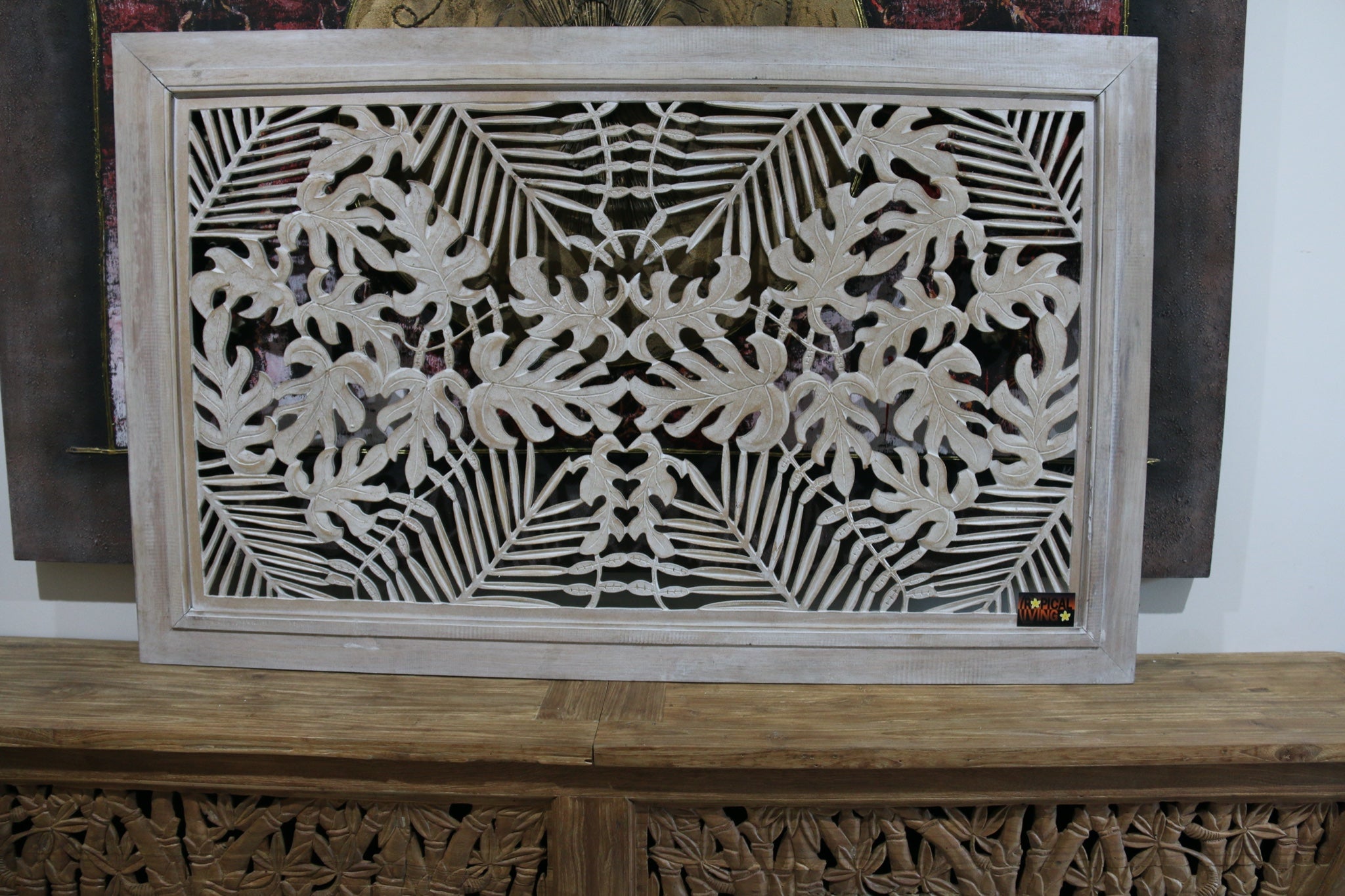 Balinese Hand Carved MDF with Wood Frame Tropical Wall Panel