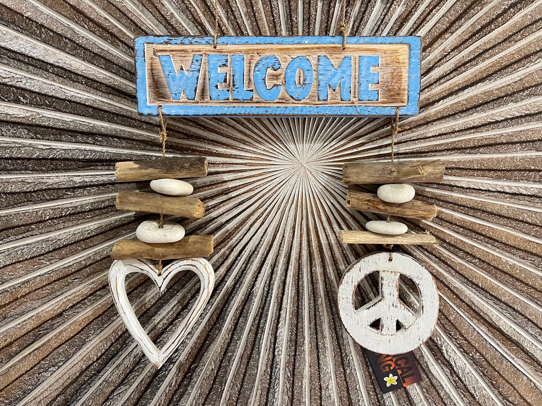 NEW Balinese Timber Combi WELCOME Sign Love heart/Driftwood/Peace Sign CUTE!!