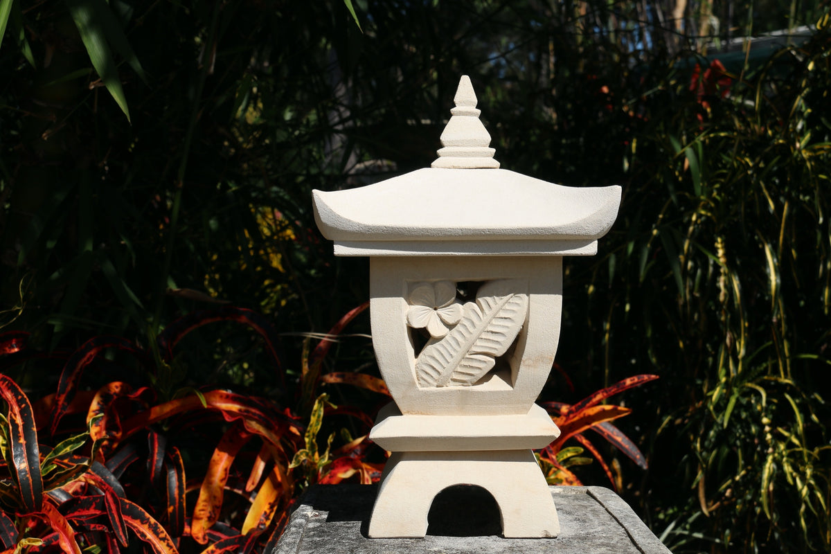 NEW Balinese Hand Carved Limestone Lantern - Bali Frangipani Garden Lantern