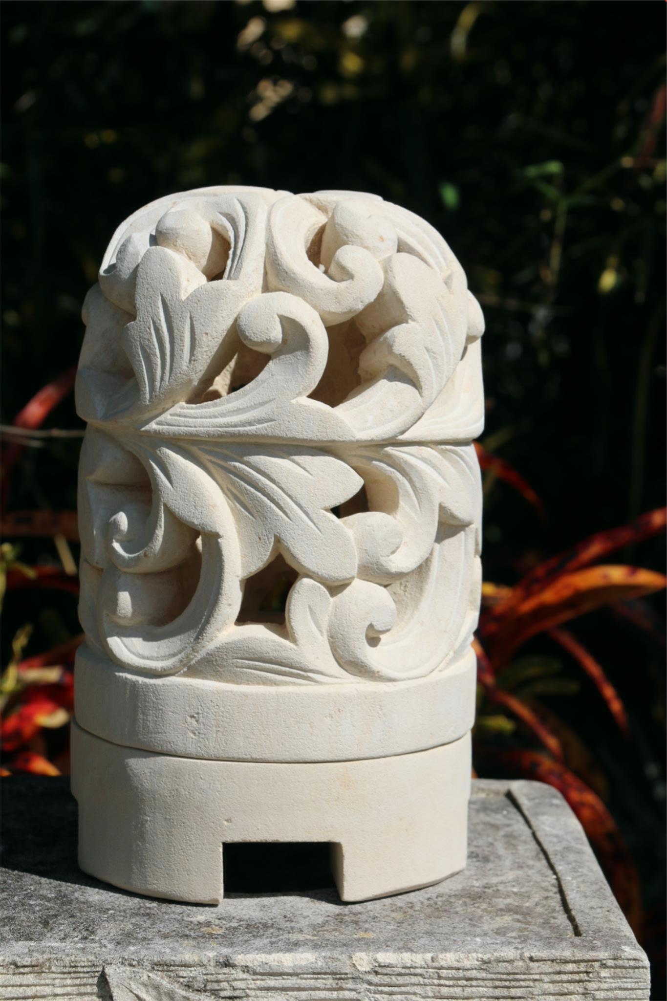 NEW Balinese Hand Carved Limestone Lantern - Bali Swirl Design Garden Lantern