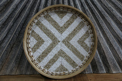 New Balinese Woven Bamboo Tray Wall Art w/Hand Threaded Bead Base & Shell Trim