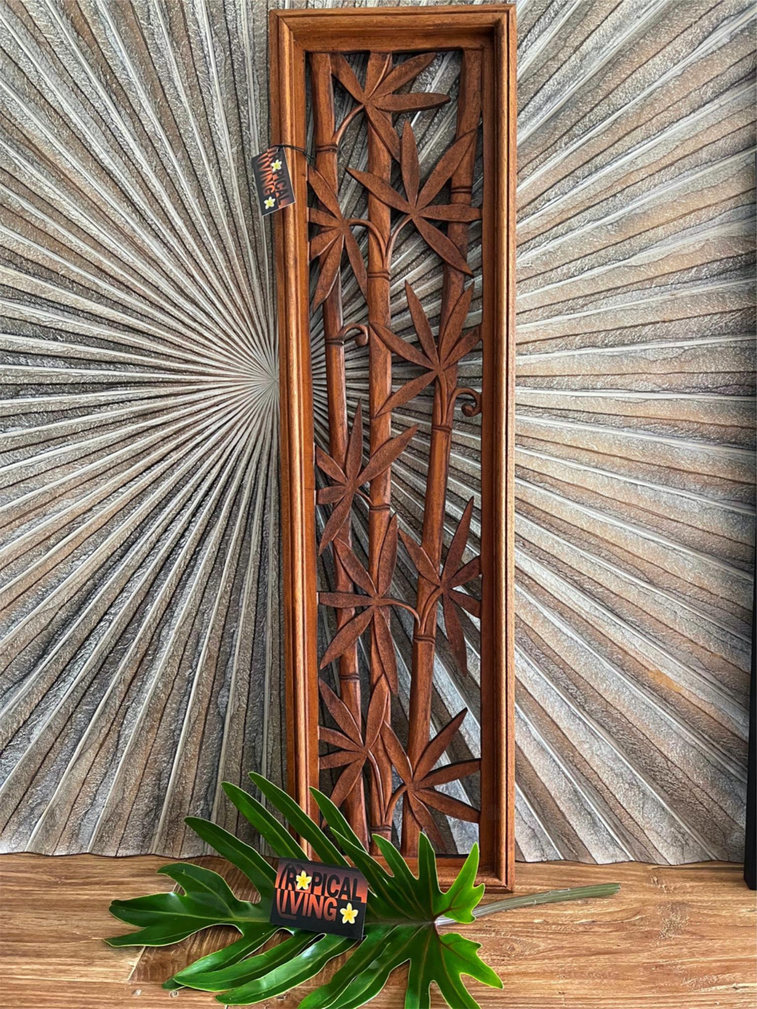 NEW Balinese Hand Carved Tropical/Bamboo Wall Panel 80x20cm Brown