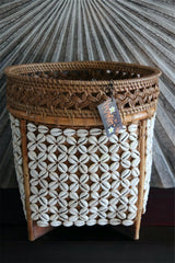 Balinese Hand Woven Rattan w/Shell Trim Open Basket - Bali Rattan & Shell Basket