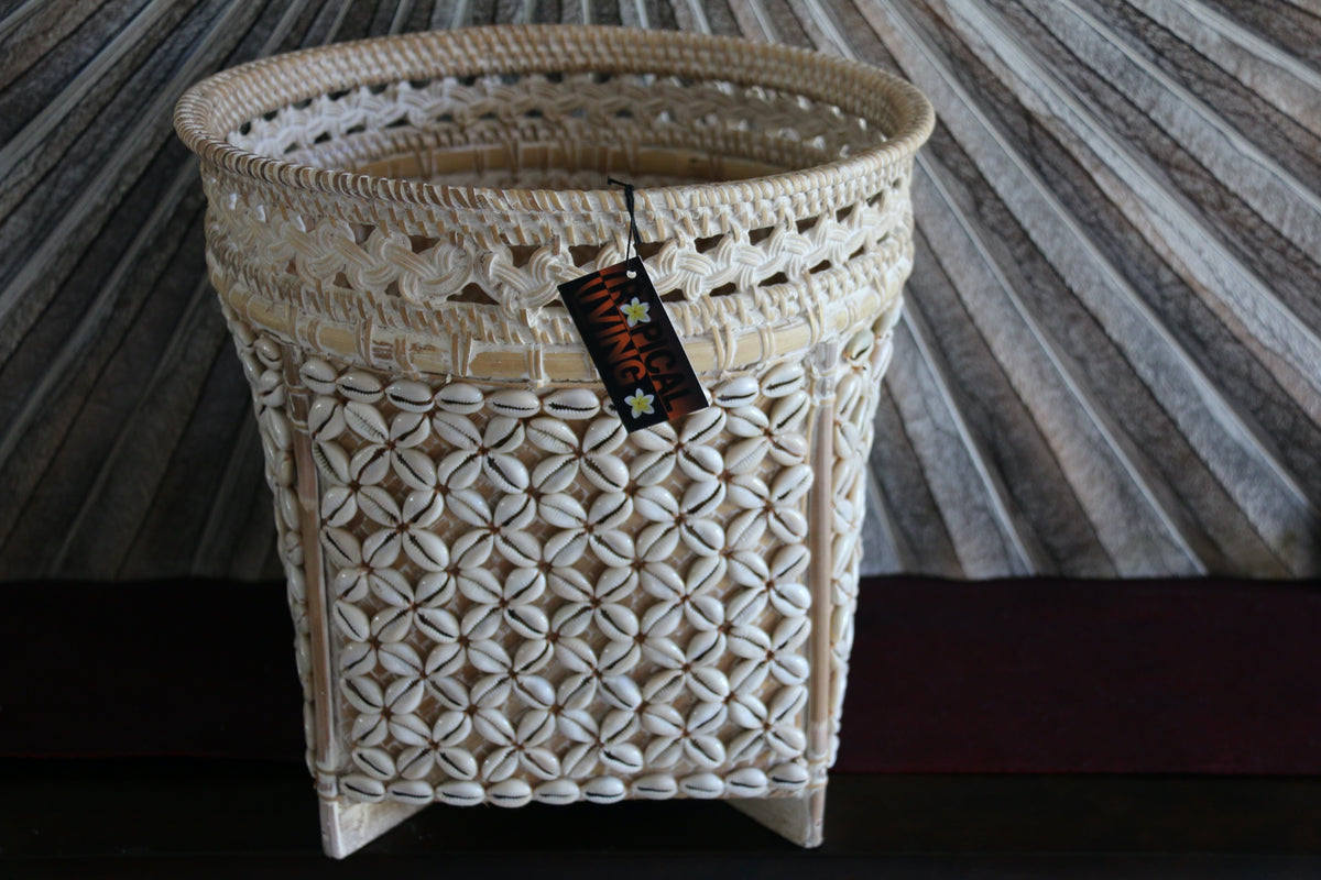 Balinese Hand Woven Rattan w/Shell Trim Open Basket - Bali Rattan & Shell Basket