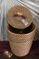 Balinese Woven Rattan Basket w/Lid - Great for Rubbish or Storage - 2 Colours