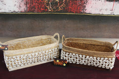 NEW Balinese Hand Woven Bamboo w/Rattan & Shell Trim Open Basket