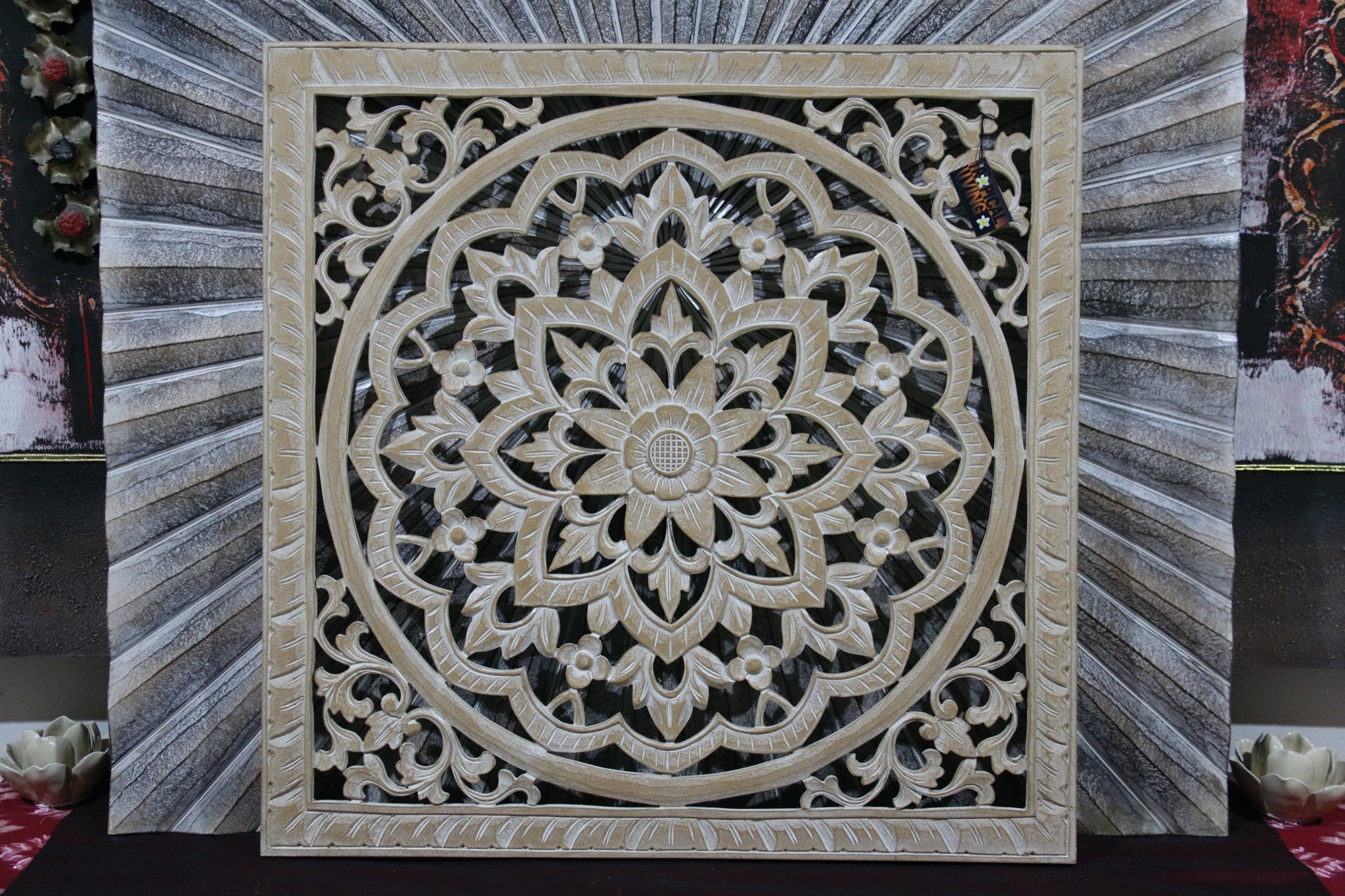 NEW BALINESE CARVED MDF/WOOD MANDALA / TROPICAL WALL PANELS - BALI WALL ART 70cm