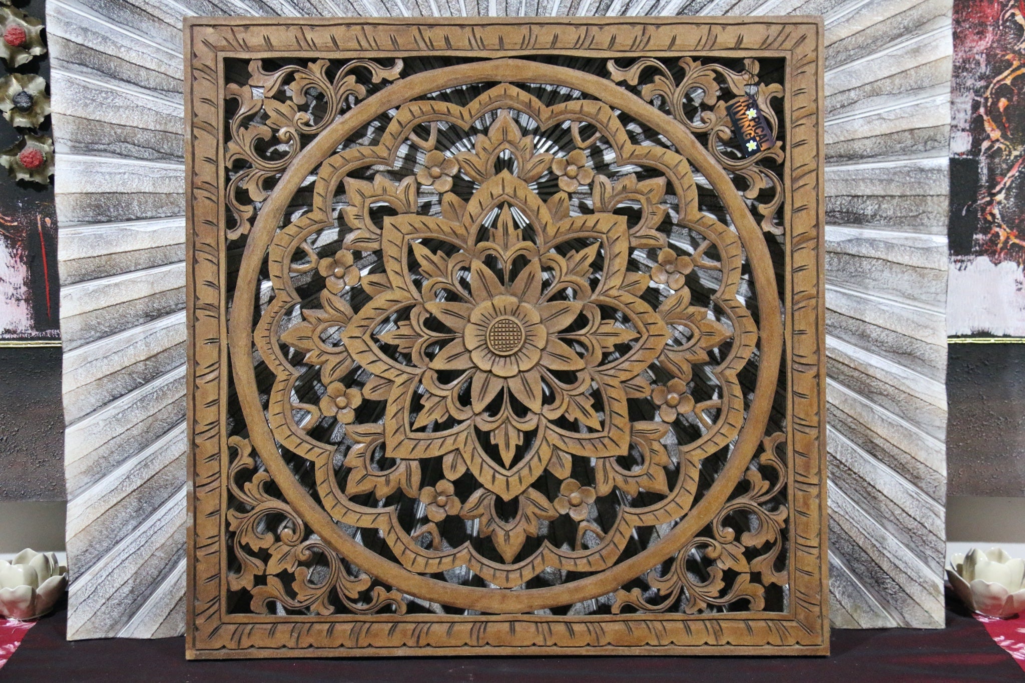 NEW BALINESE CARVED MDF/WOOD MANDALA / TROPICAL WALL PANELS - BALI WALL ART 70cm