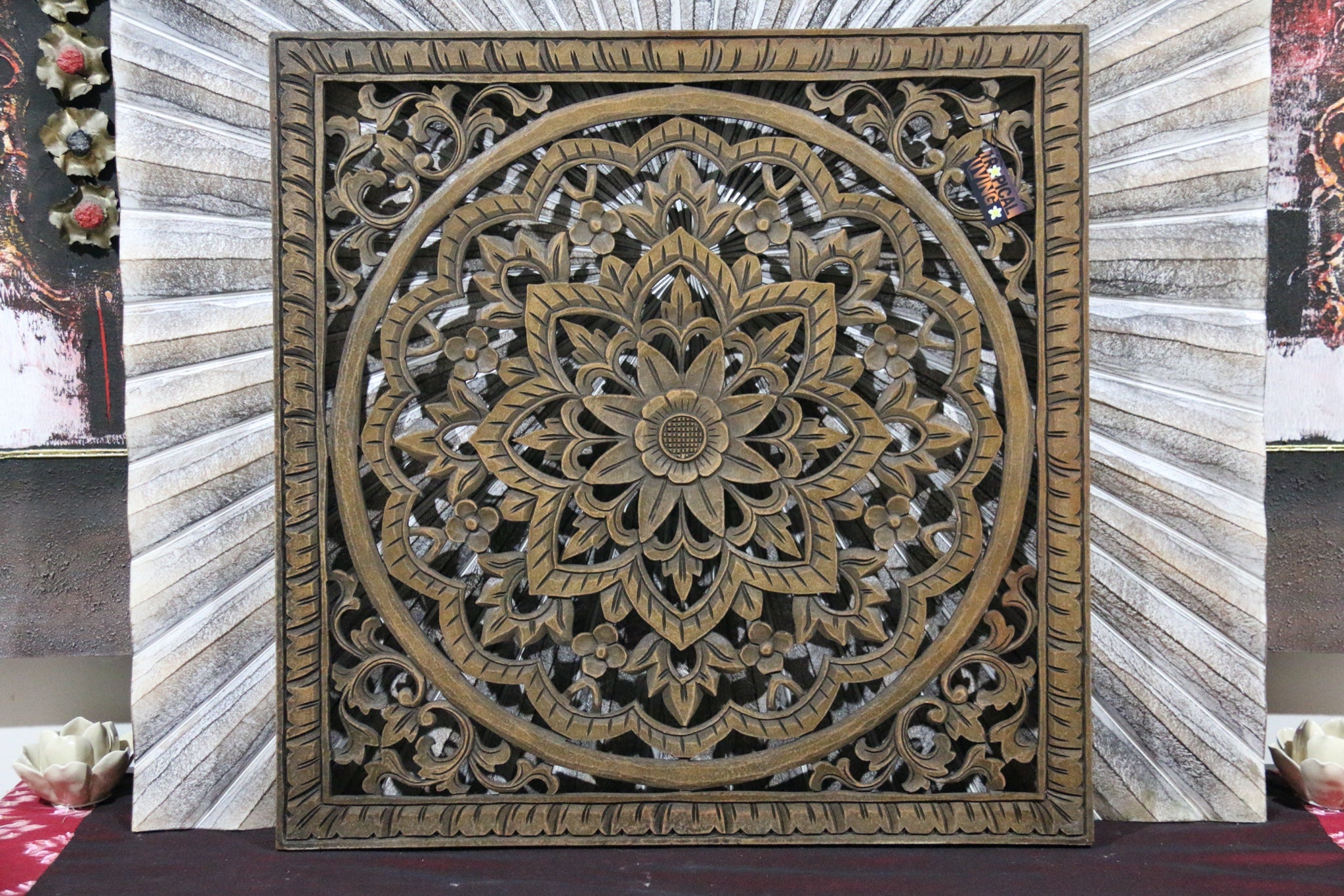 NEW BALINESE CARVED MDF/WOOD MANDALA / TROPICAL WALL PANELS - BALI WALL ART 70cm