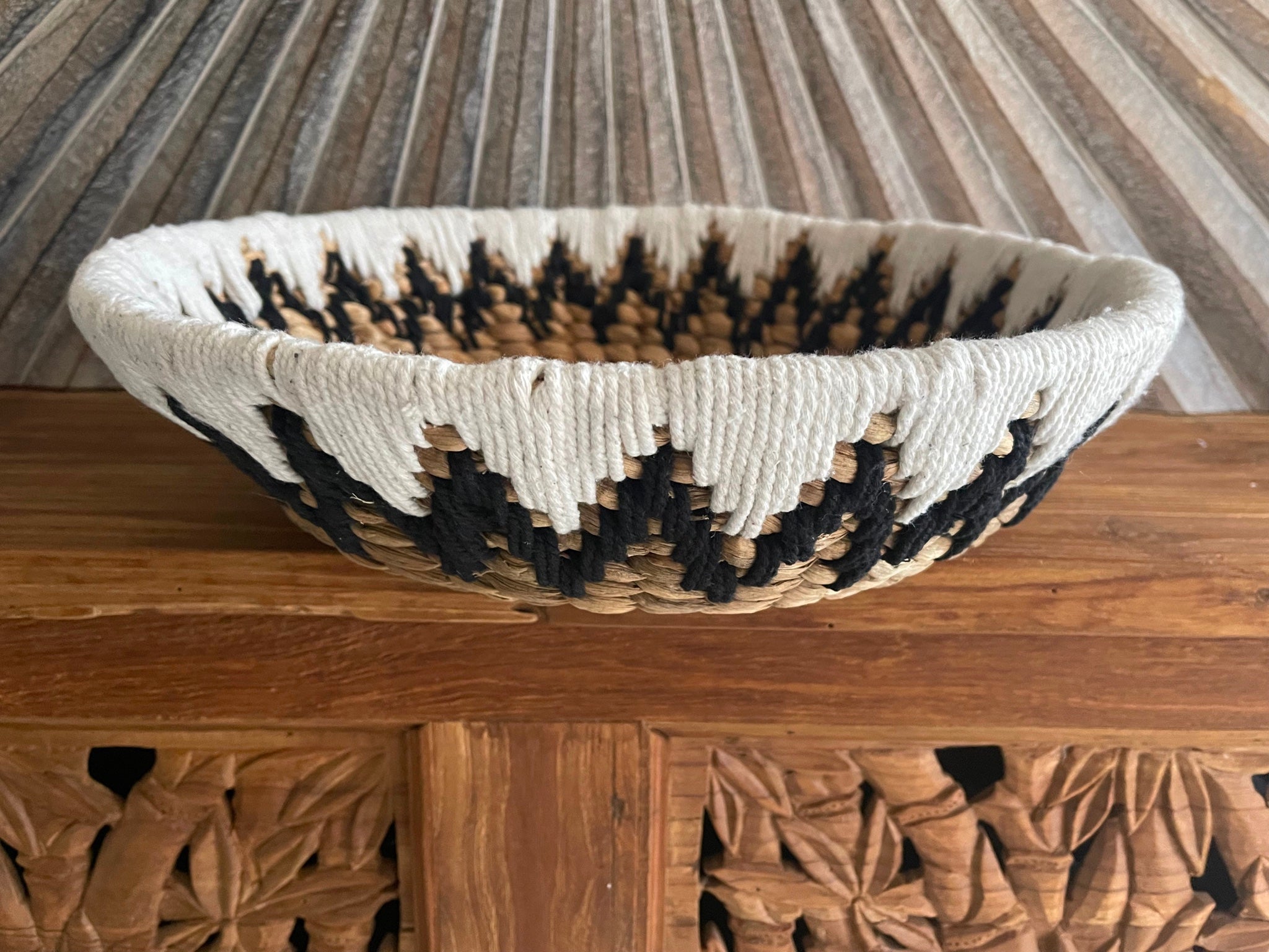 New Balinese Hand Woven Water Hyacinth w/Cotton Trim Open Basket - Bali Basket