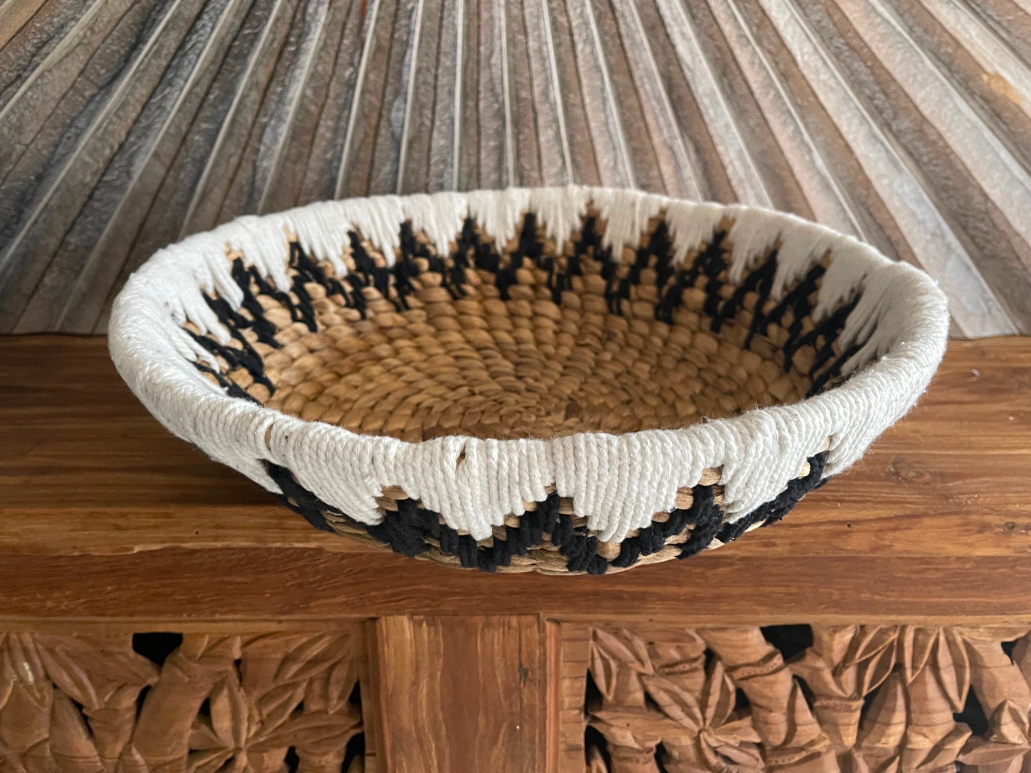 New Balinese Hand Woven Water Hyacinth w/Cotton Trim Open Basket - Bali Basket