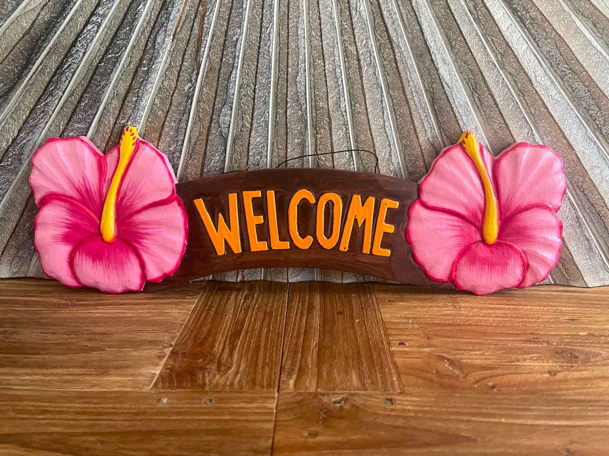 NEW Balinese Timber Hand Crafted Hibiscus WELCOME Sign - Bali Welcome Sign