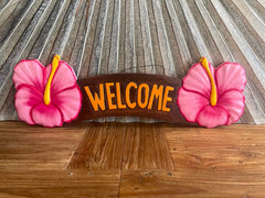 NEW Balinese Timber Hand Crafted Hibiscus WELCOME Sign - Bali Welcome Sign