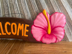 NEW Balinese Timber Hand Crafted Hibiscus WELCOME Sign - Bali Welcome Sign