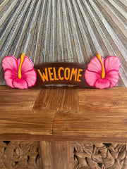 NEW Balinese Timber Hand Crafted Hibiscus WELCOME Sign - Bali Welcome Sign