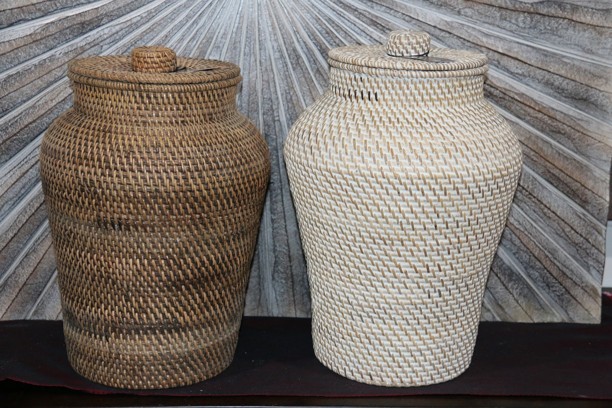 NEW BALINESE WOVEN RATTAN VASE / BASKET WITH LID  S - CHOOSE FROM 2 COLOURS