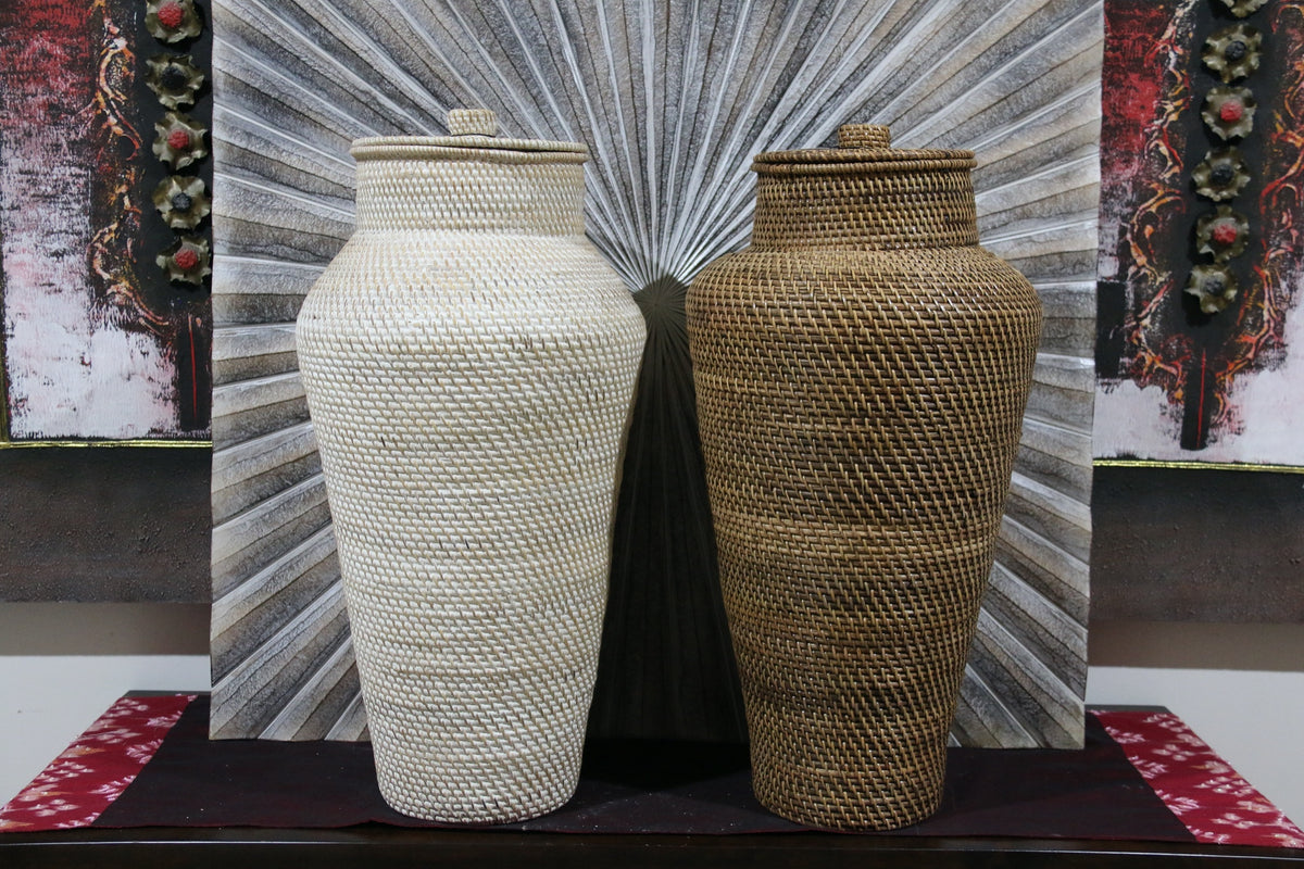 NEW BALINESE HAND WOVEN RATTAN FLOOR VASE / BASKET WITH LID