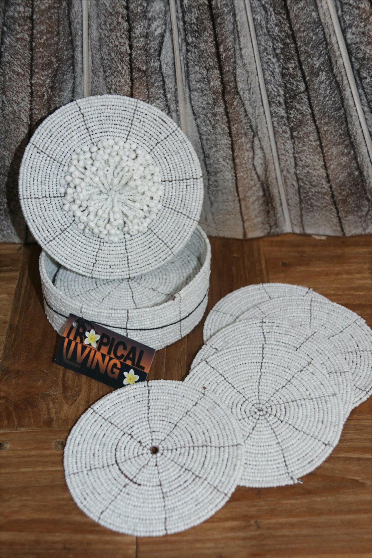 New Balinese Hand Threaded Bead Coasters in Holder - Stunning!!  Balinese Basket