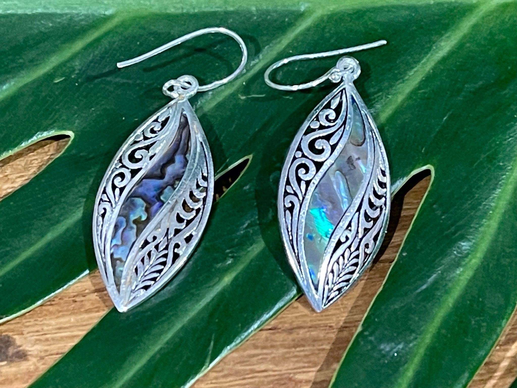 925 Sterling Silver Leaf Style Hook Earrings - Balinese Style Earrings