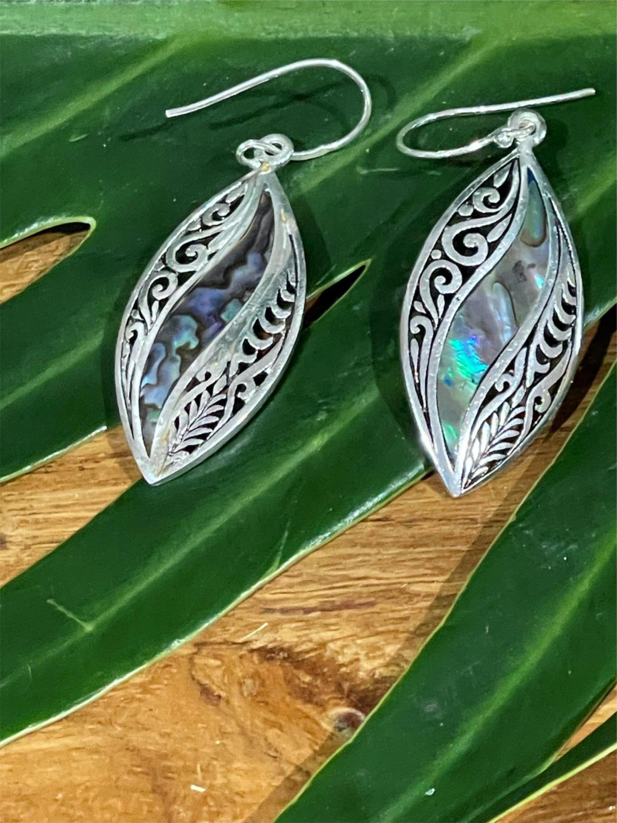 925 Sterling Silver Leaf Style Hook Earrings - Balinese Style Earrings