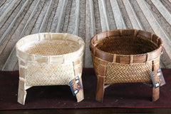 NEW BALINESE HAND WOVEN CANE OPEN BASKET ON LEGS - Small