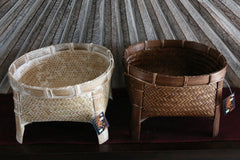 NEW BALINESE HAND WOVEN CANE OPEN BASKET ON LEGS - Medium