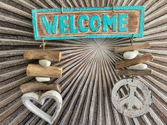 NEW Balinese Timber Combi WELCOME Sign Love heart/Driftwood/Peace Sign CUTE!!