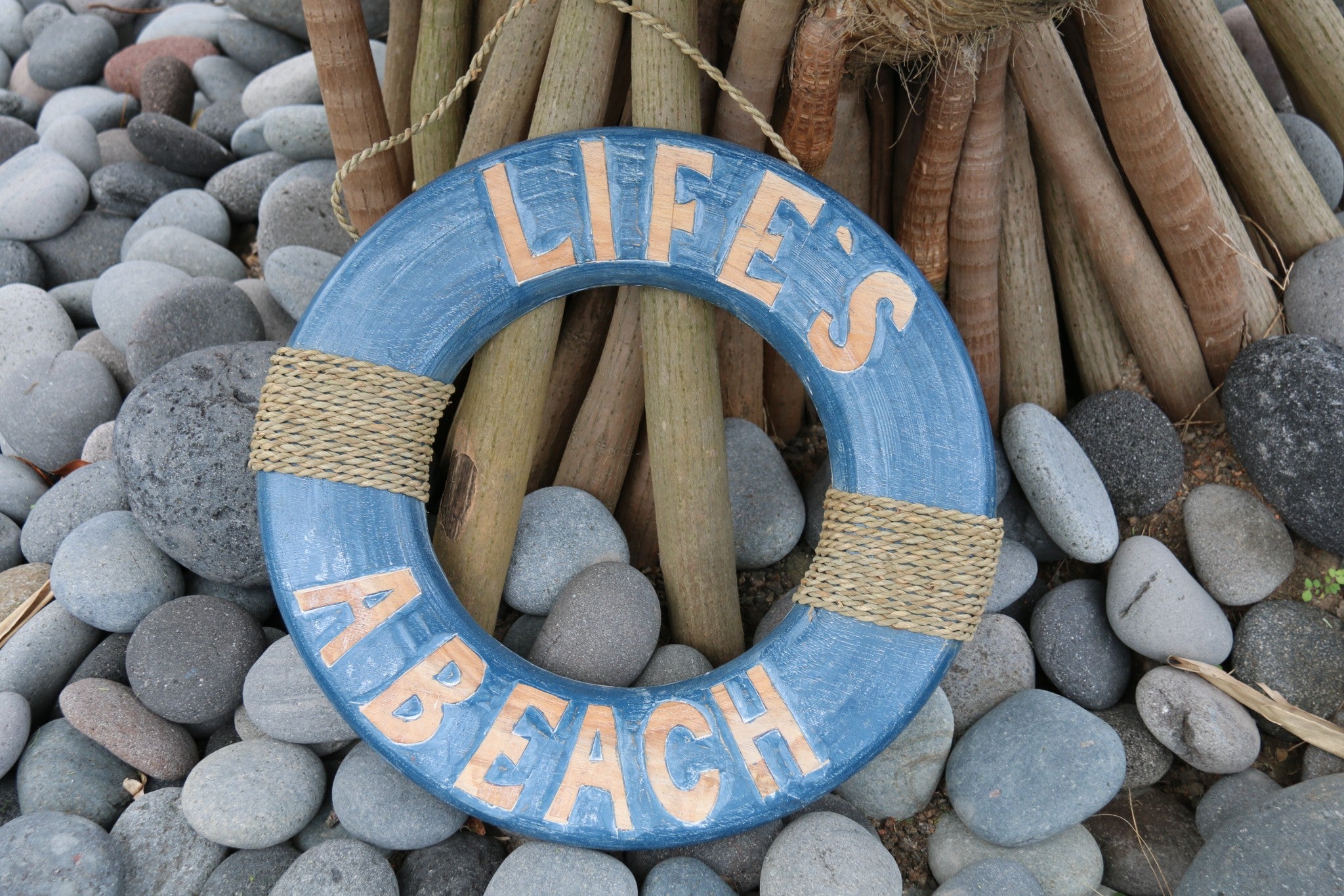 NEW Balinese Hand Crafted LIFE'S A BEACH Life Buoy Decor Sign - Blue